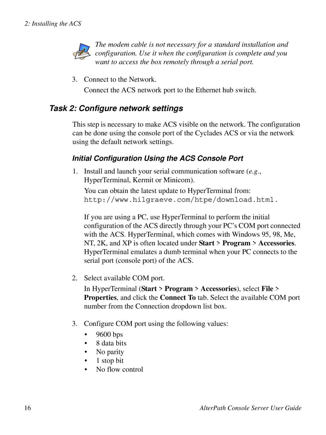 Cyclades ACS48, 2.3.0 user manual Task 2 Configure network settings, Initial Configuration Using the ACS Console Port 