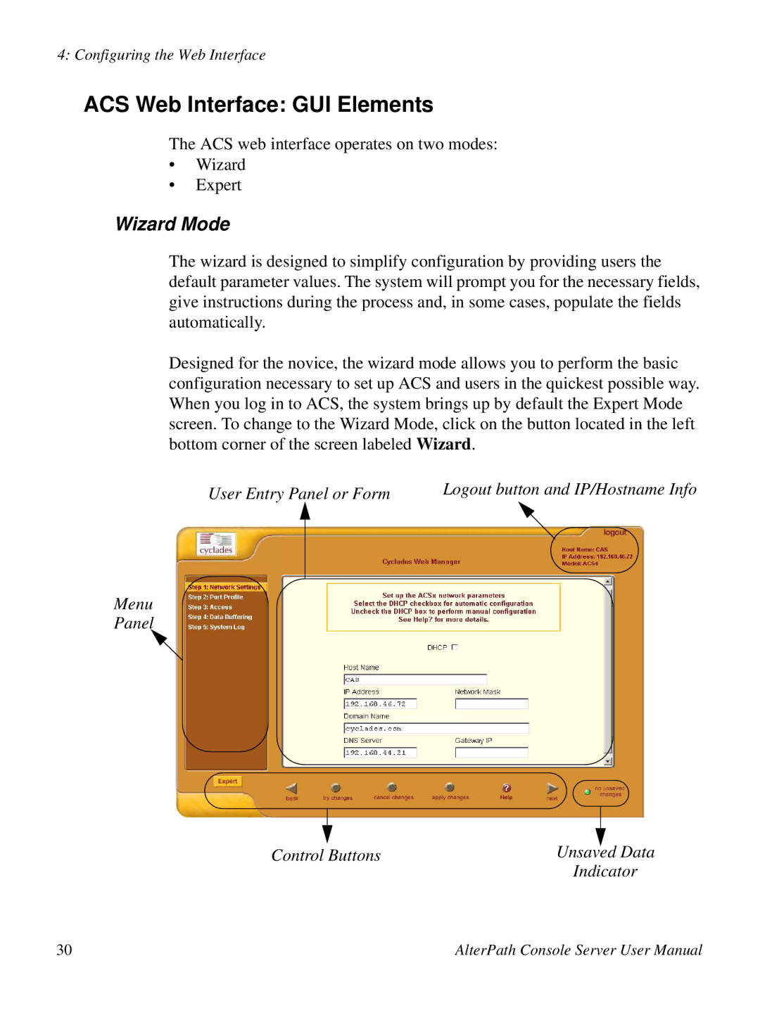 Cyclades ACS48, 2.3.0 ACS Web Interface GUI Elements, Wizard Mode, User Entry Panel or Form, Menu Panel Control Buttons 