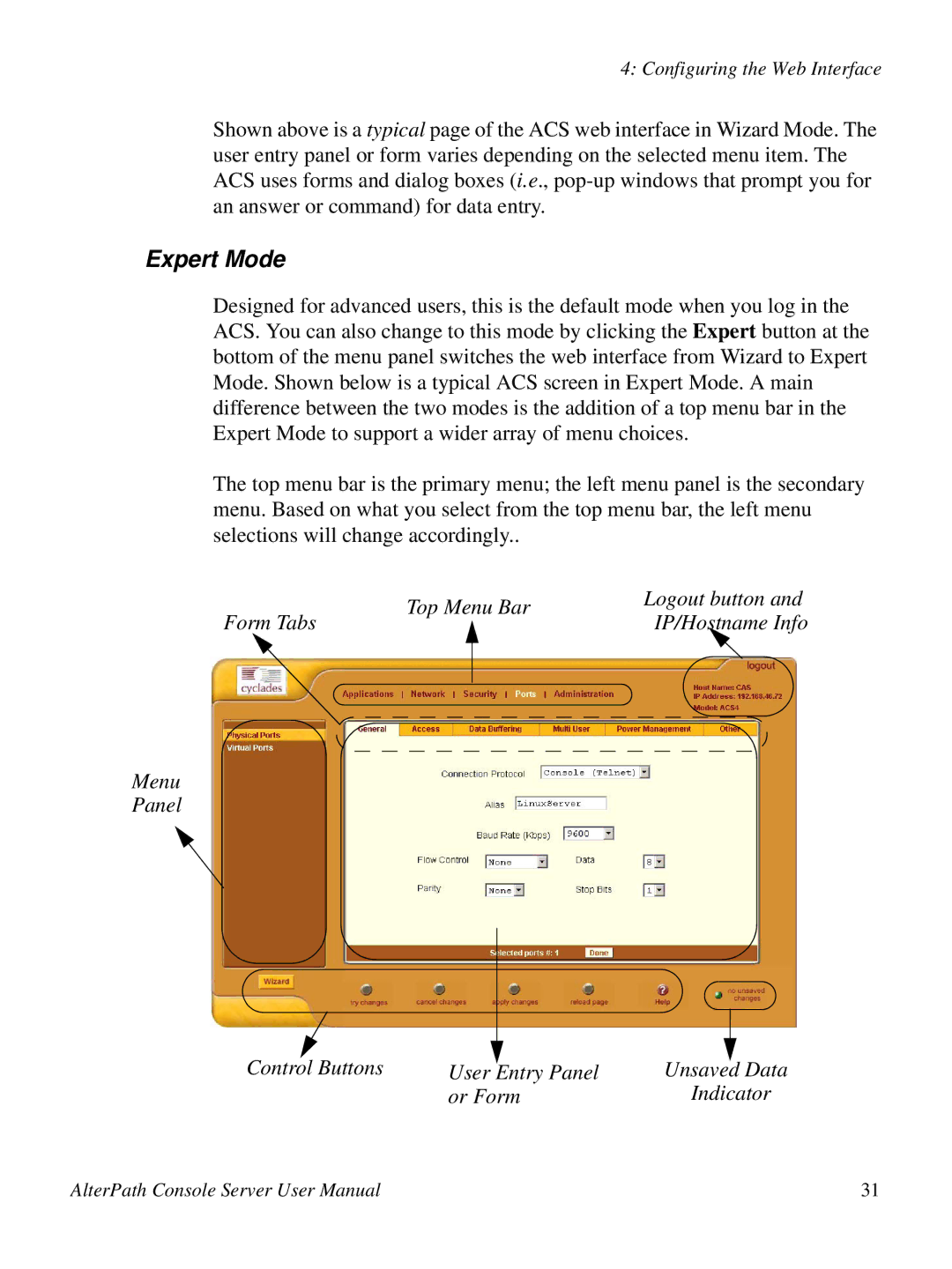 Cyclades 2.3.0, ACS48 Expert Mode, Top Menu Bar, Form Tabs, Menu Panel Control Buttons User Entry Panel, Or Form Indicator 