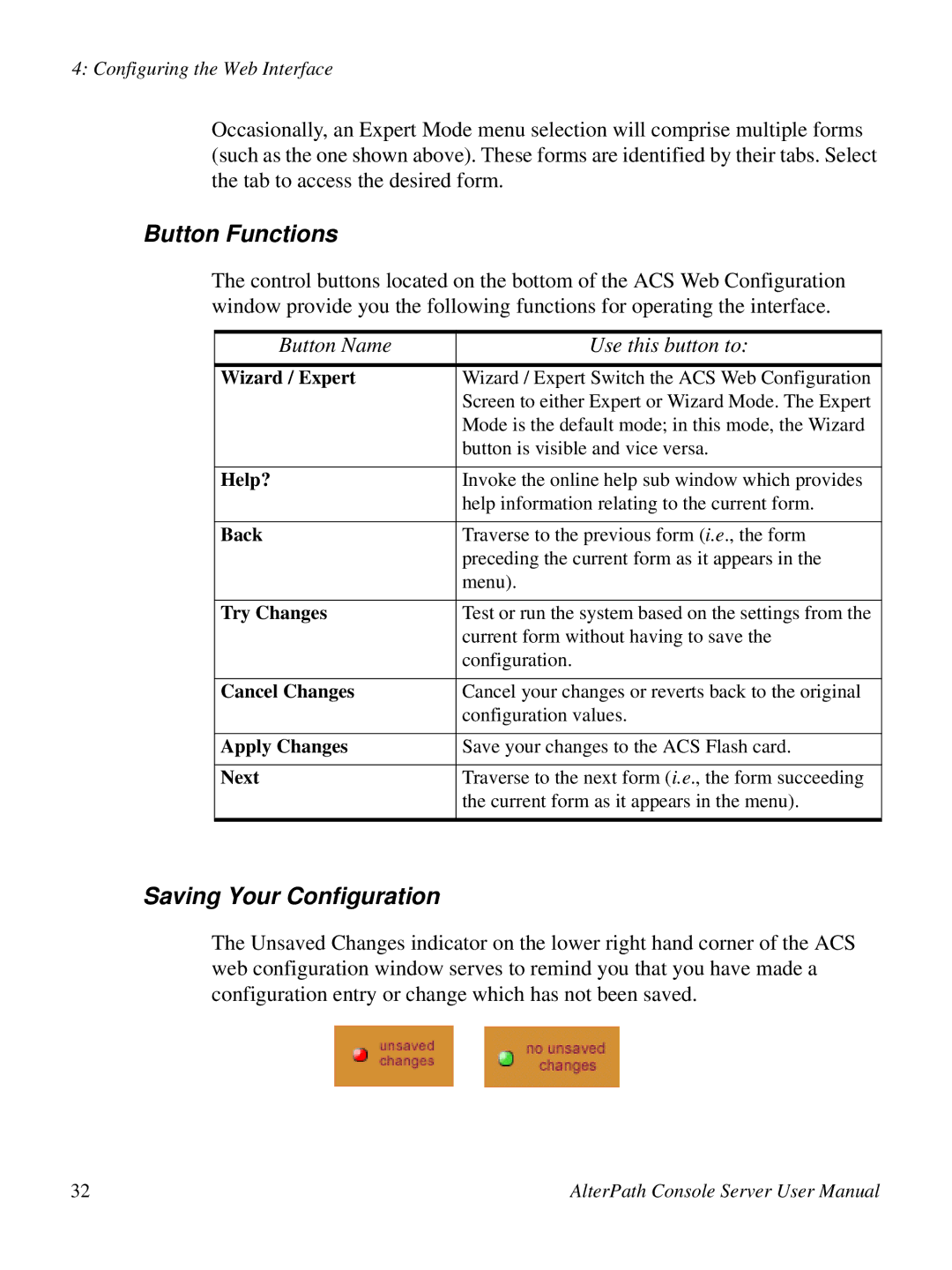 Cyclades ACS48, 2.3.0 user manual Button Functions, Saving Your Configuration, Button Name Use this button to 