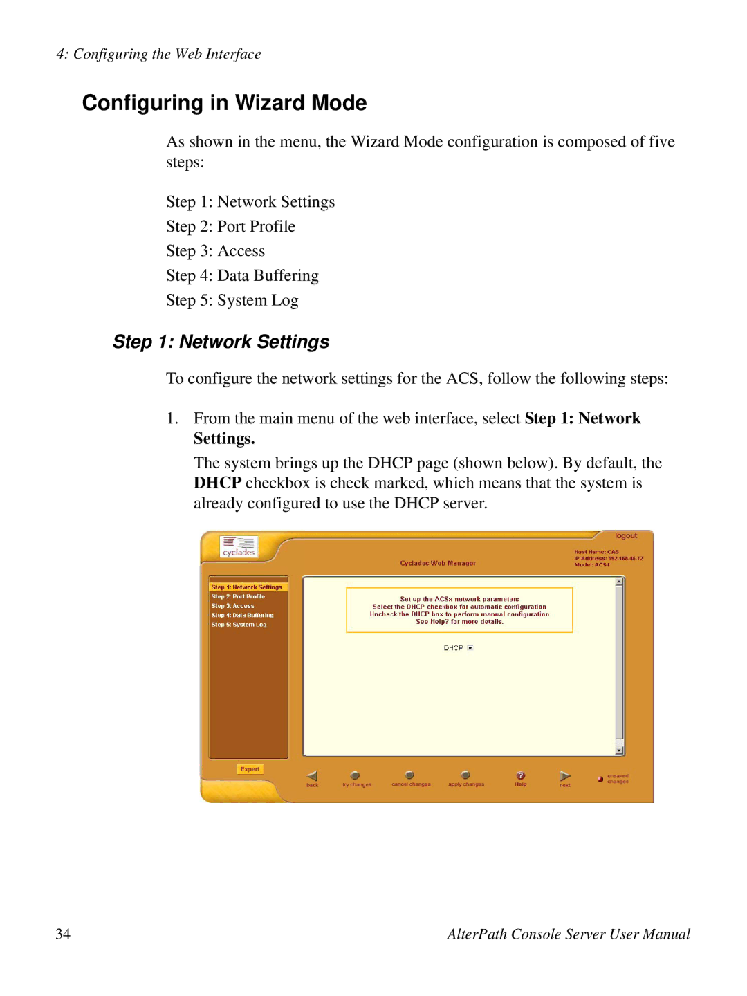 Cyclades ACS48, 2.3.0 user manual Configuring in Wizard Mode, Network Settings 