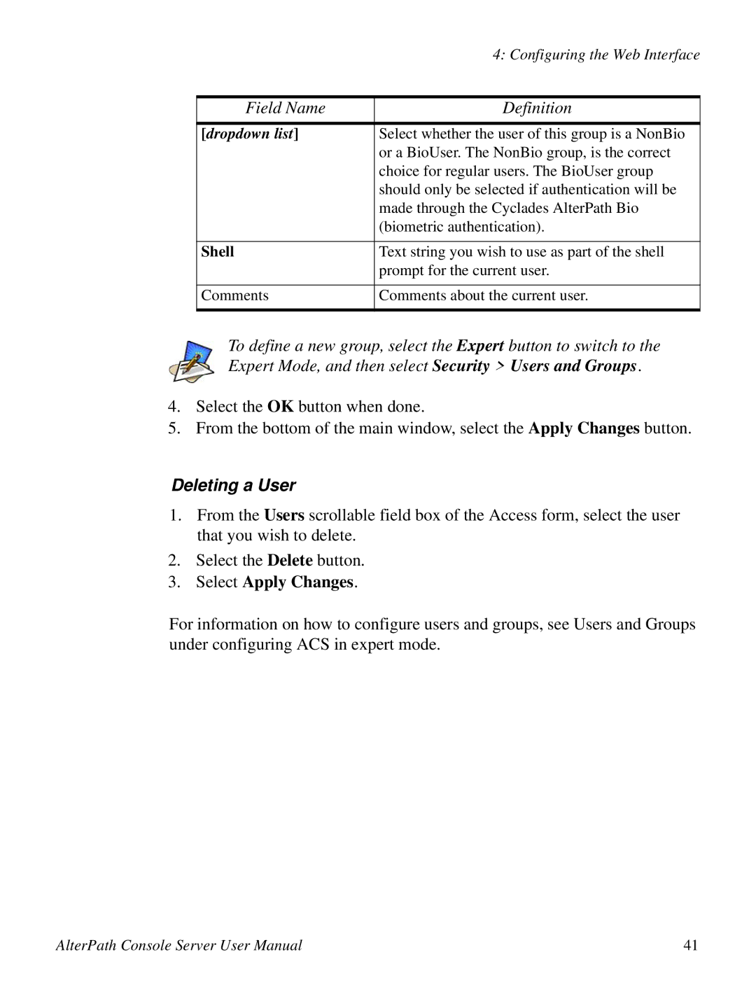 Cyclades 2.3.0, ACS48 user manual Deleting a User, Select Apply Changes 