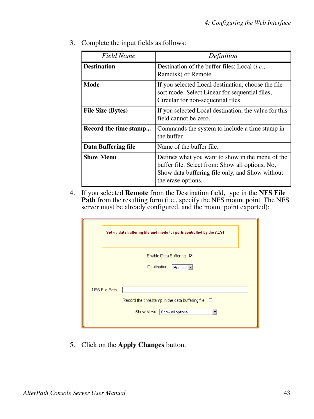 Cyclades 2.3.0, ACS48 user manual Destination, Mode, File Size Bytes, Record the time stamp, Data Buffering file, Show Menu 