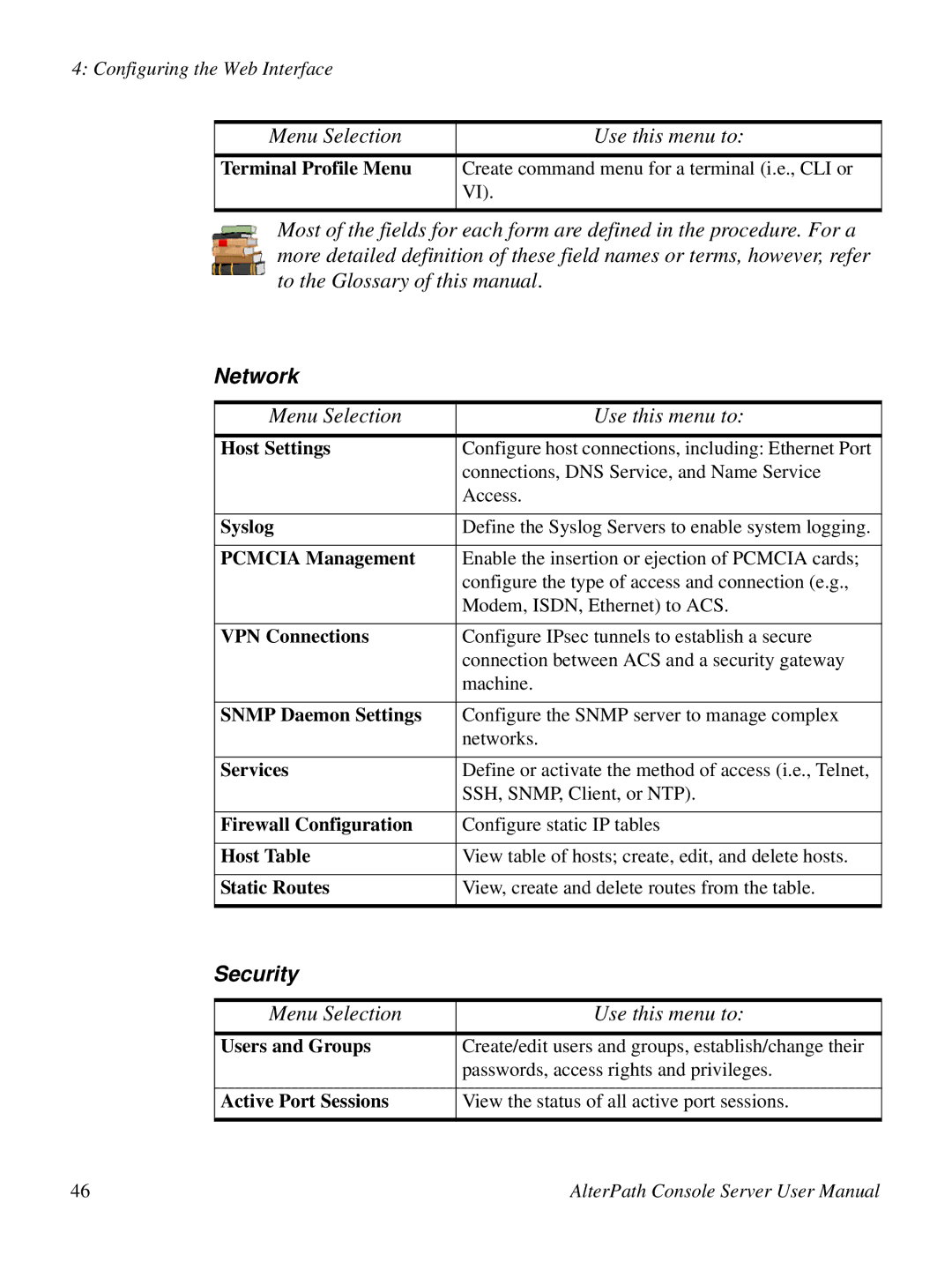 Cyclades ACS48, 2.3.0 user manual Network, Security 