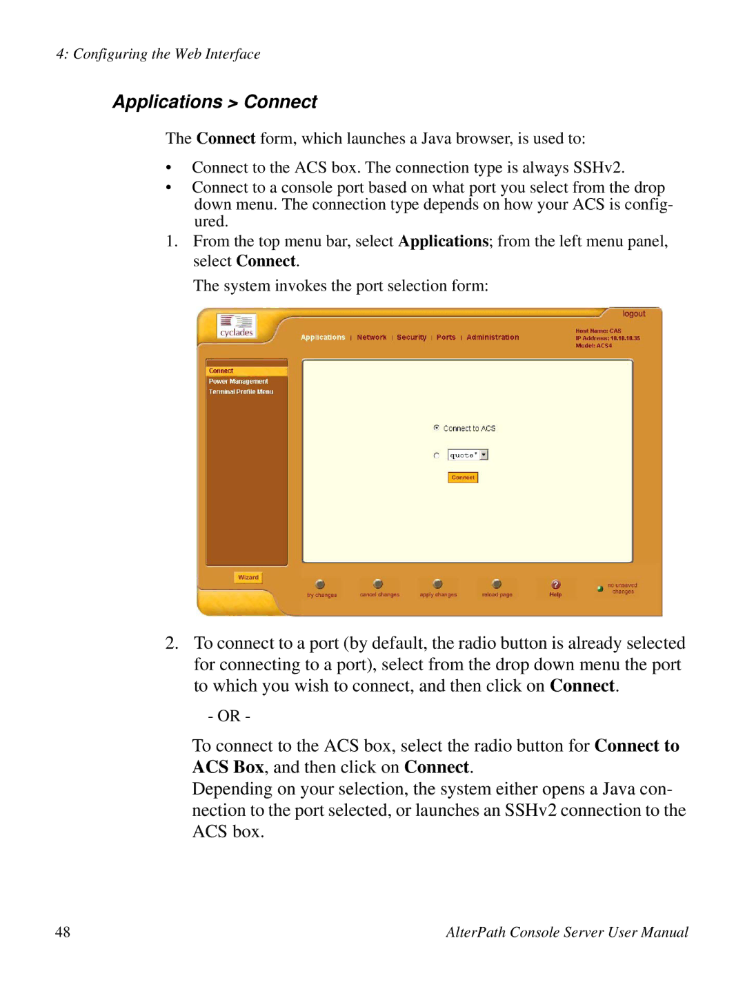 Cyclades ACS48, 2.3.0 user manual Applications Connect 