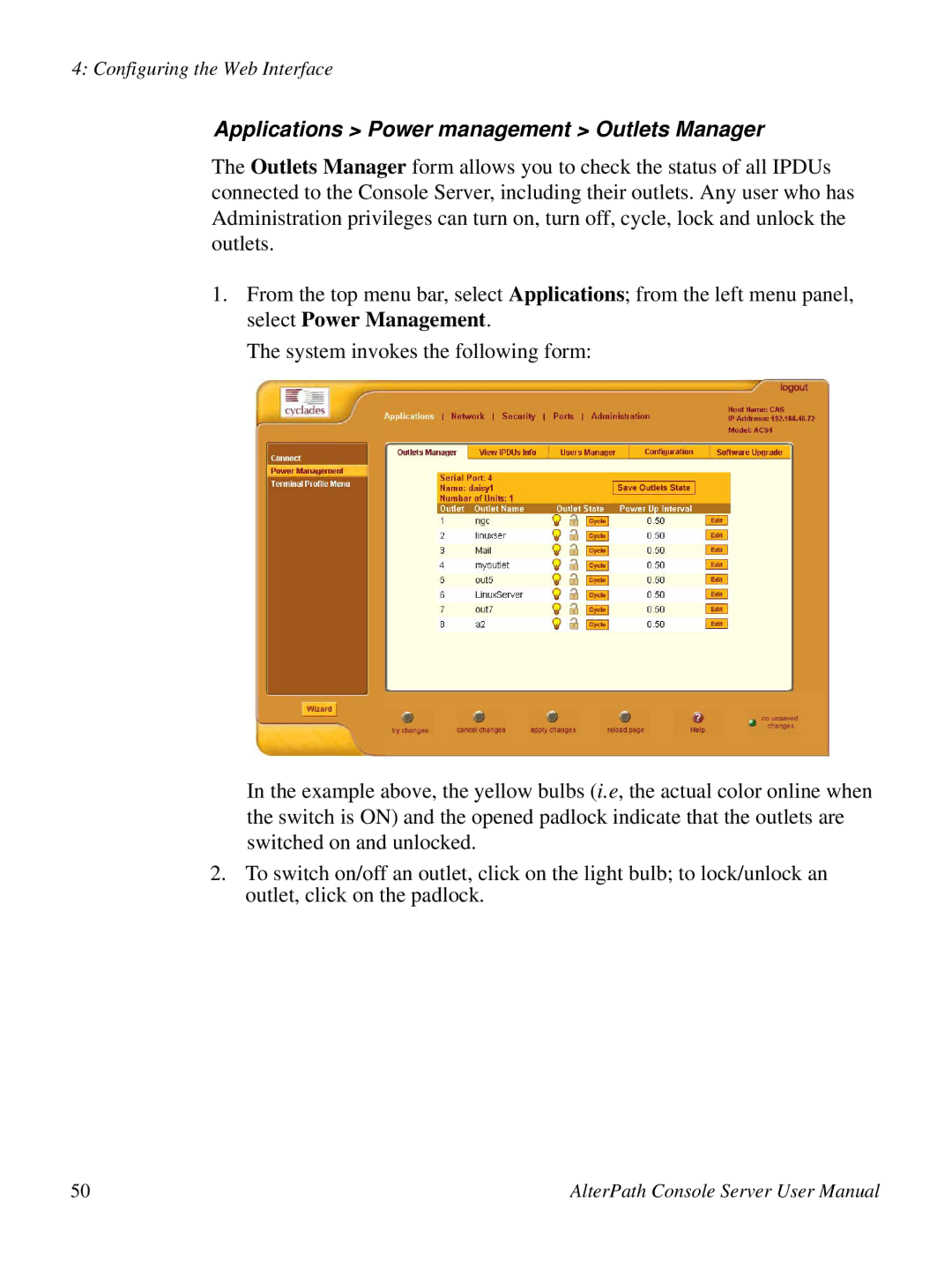 Cyclades ACS48, 2.3.0 user manual Applications Power management Outlets Manager 