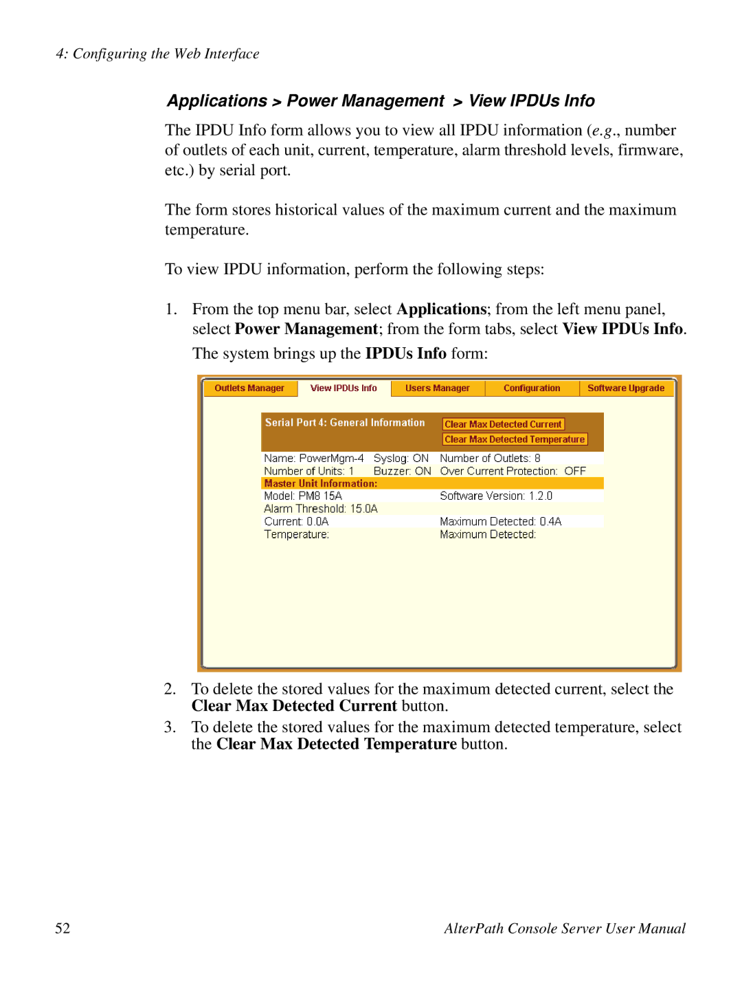 Cyclades ACS48, 2.3.0 user manual Applications Power Management View IPDUs Info 