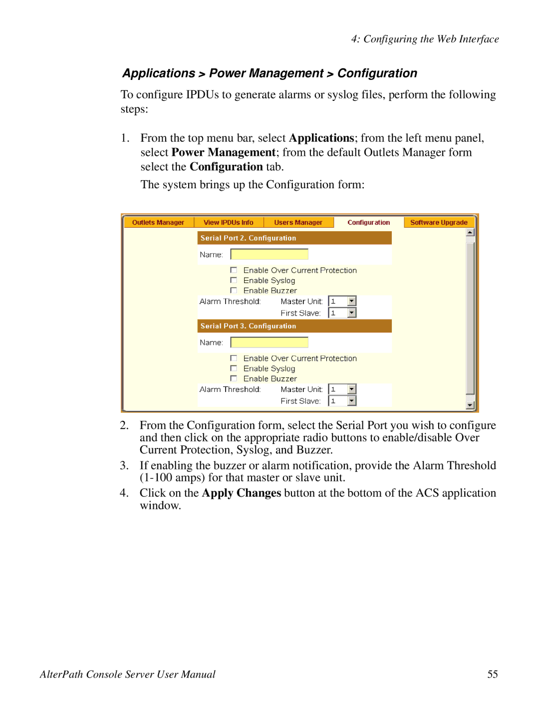 Cyclades 2.3.0, ACS48 user manual Applications Power Management Configuration 