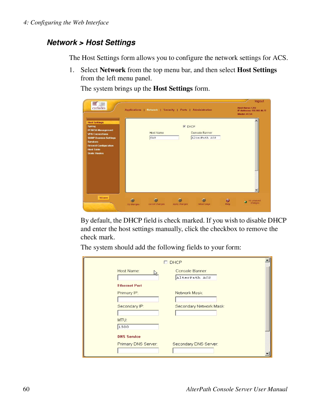 Cyclades ACS48, 2.3.0 user manual Network Host Settings 