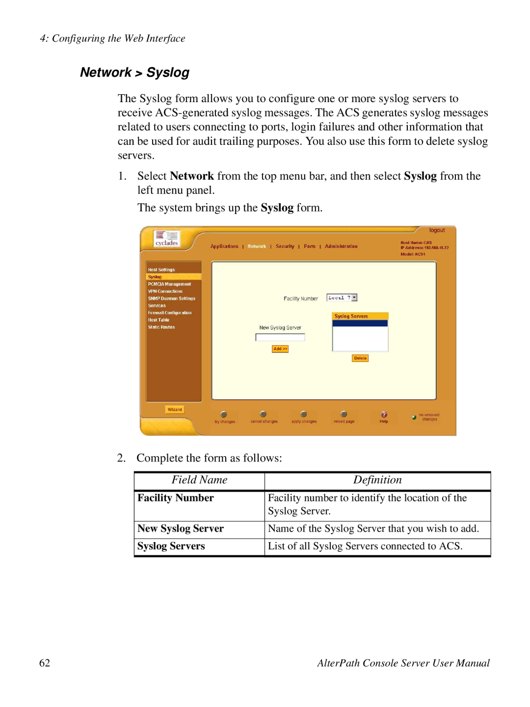 Cyclades ACS48, 2.3.0 user manual Network Syslog, Facility Number, New Syslog Server, Syslog Servers 