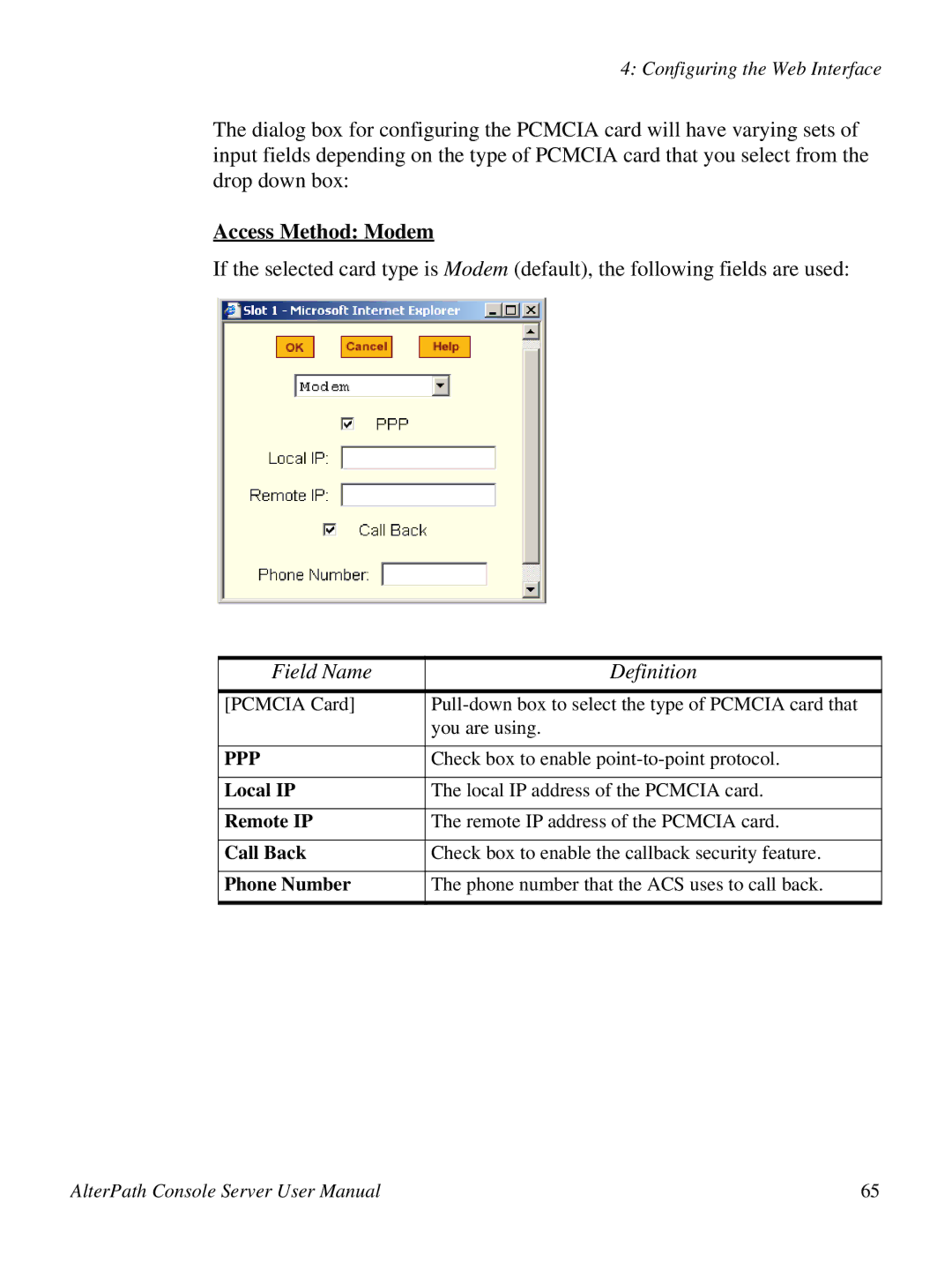 Cyclades 2.3.0, ACS48 user manual Access Method Modem, Local IP, Remote IP, Call Back, Phone Number 