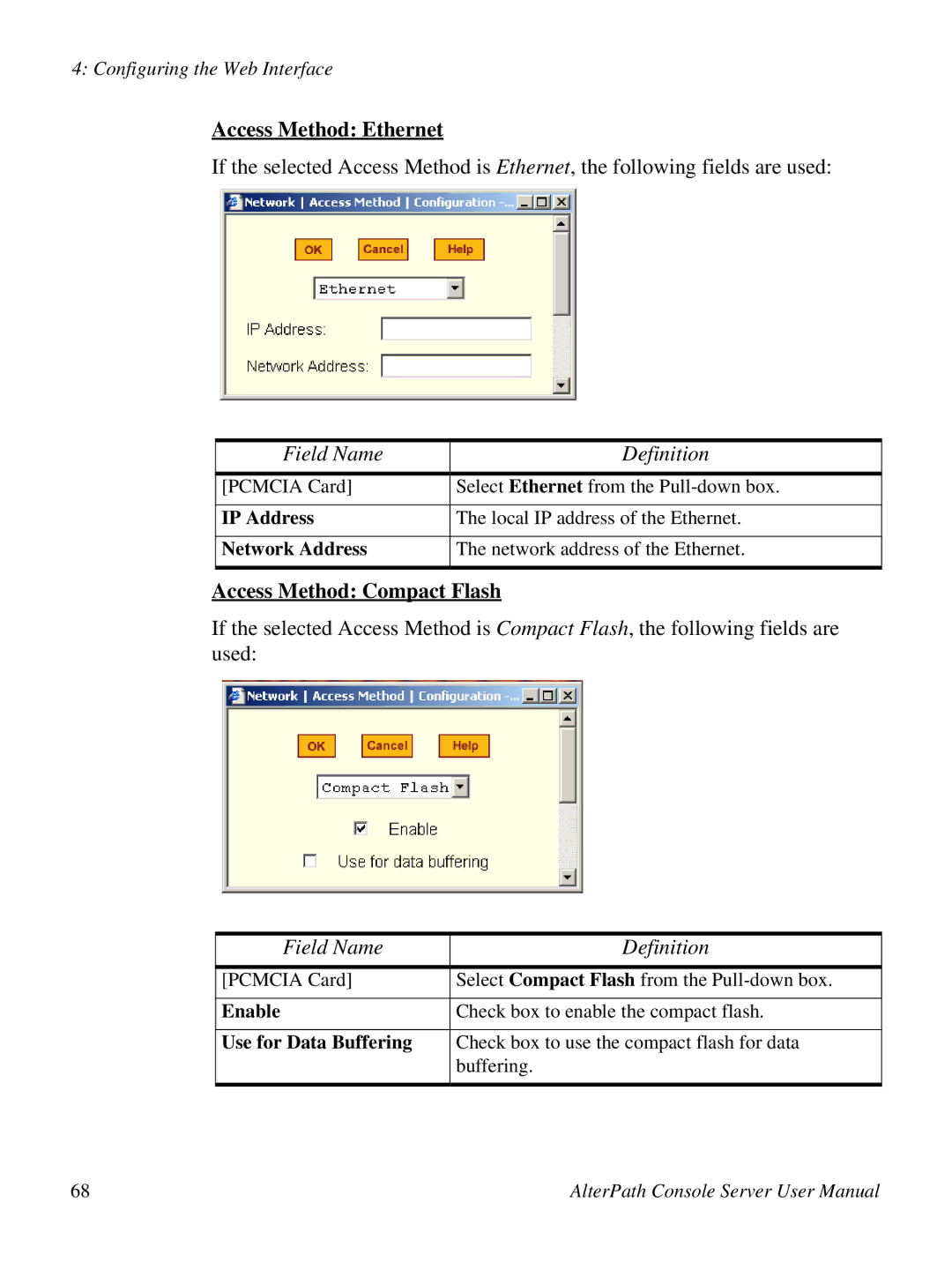 Cyclades ACS48, 2.3.0 user manual Access Method Ethernet, Access Method Compact Flash 