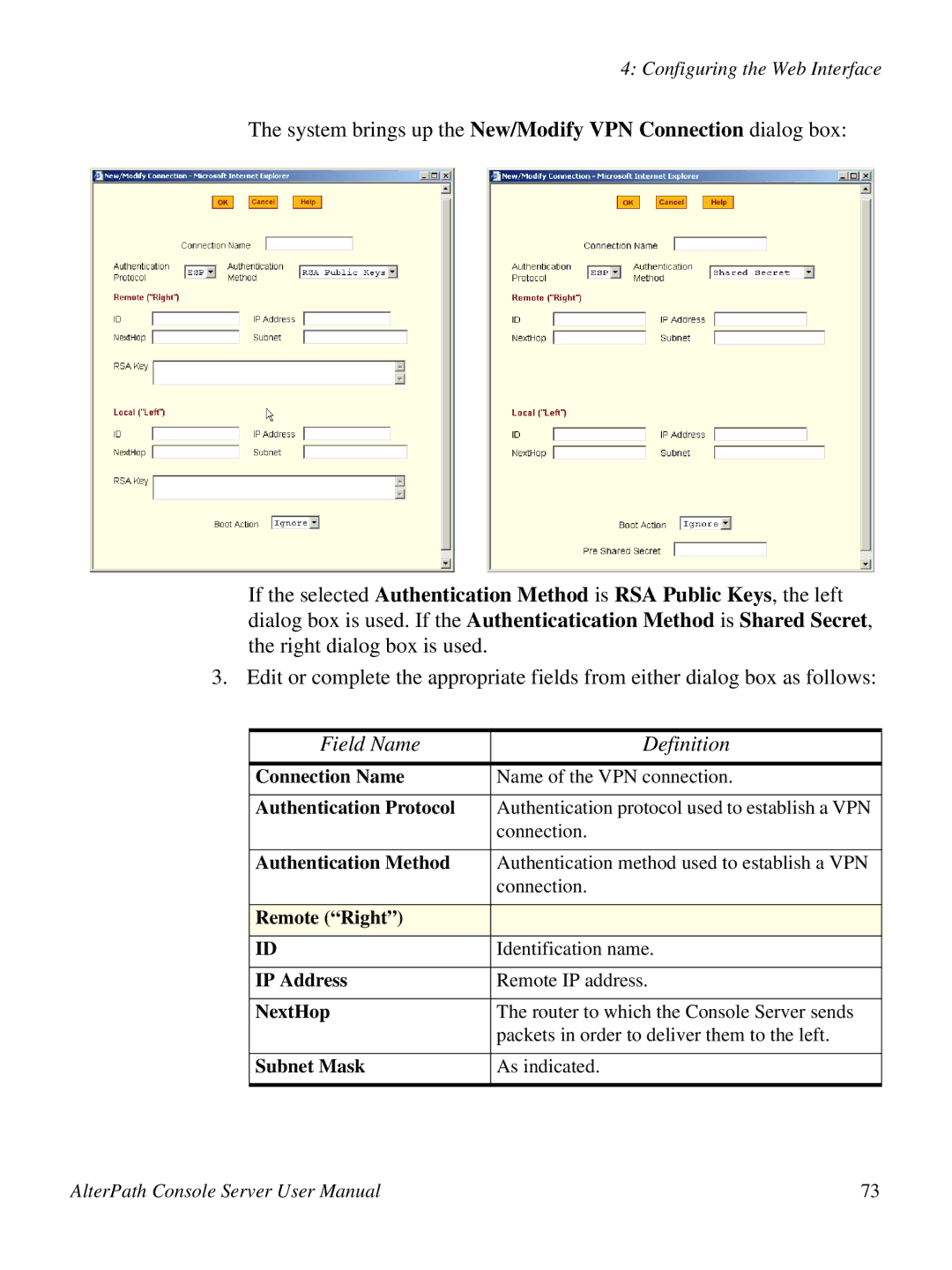 Cyclades 2.3.0, ACS48 Connection Name, Authentication Protocol, Authentication Method, Remote Right, NextHop, Subnet Mask 