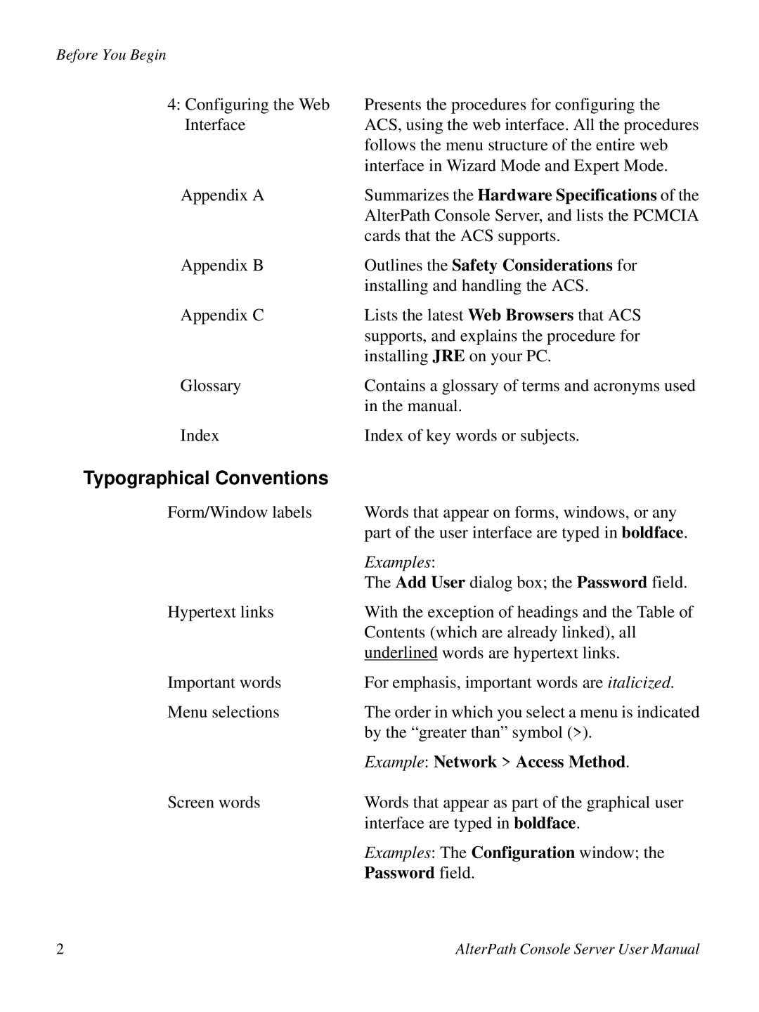 Cyclades ACS48, 2.3.0 Outlines the Safety Considerations for, Examples, Example Network Access Method, Password field 