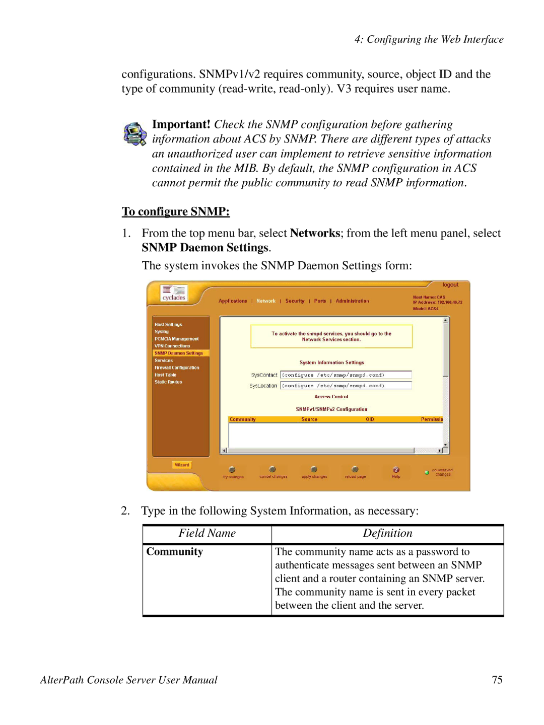 Cyclades 2.3.0, ACS48 user manual To configure Snmp, Community 