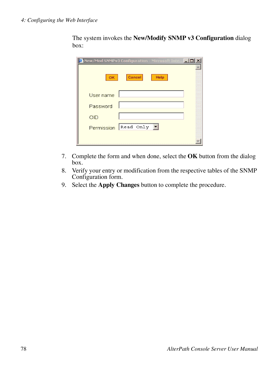 Cyclades ACS48, 2.3.0 user manual System invokes the New/Modify Snmp v3 Configuration dialog 