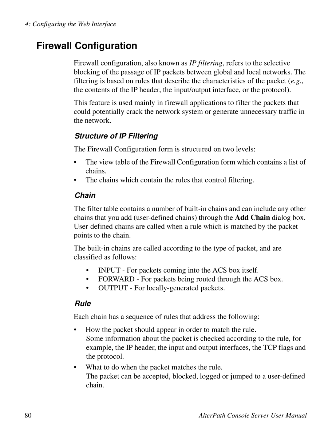 Cyclades ACS48, 2.3.0 user manual Firewall Configuration, Structure of IP Filtering, Chain, Rule 