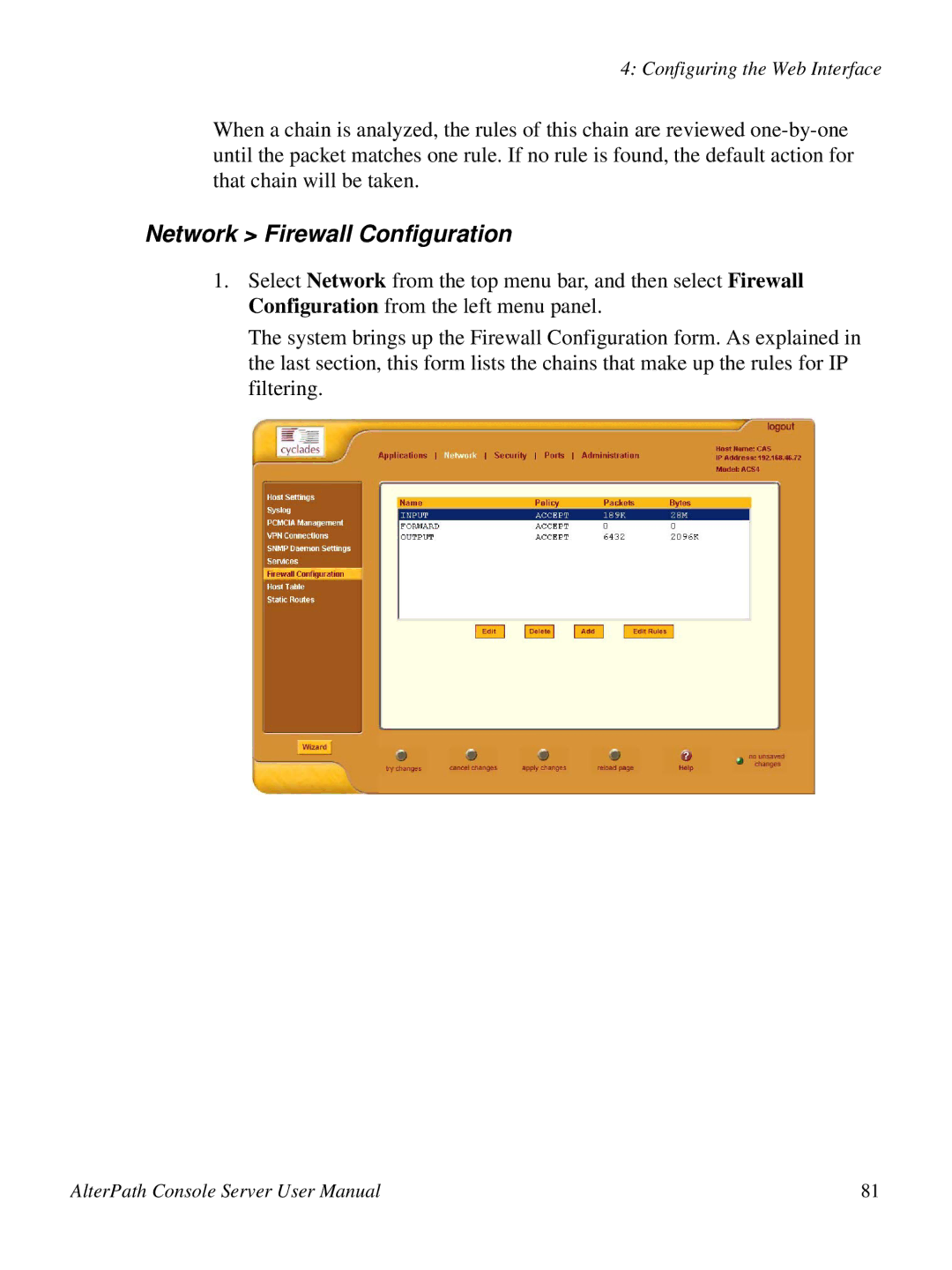 Cyclades 2.3.0, ACS48 user manual Network Firewall Configuration 