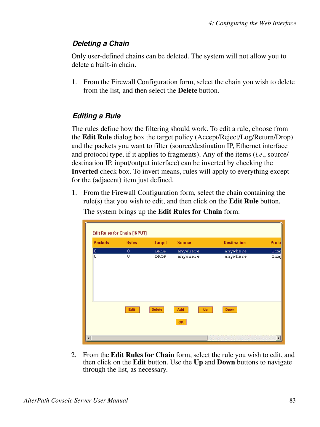 Cyclades 2.3.0, ACS48 user manual Deleting a Chain, Editing a Rule 