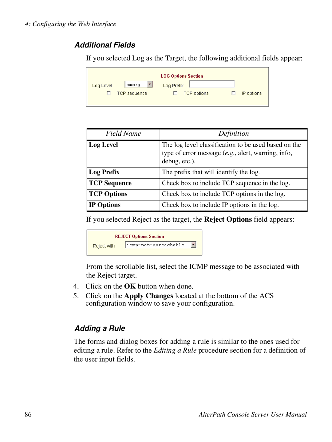 Cyclades ACS48, 2.3.0 user manual Additional Fields, Adding a Rule 