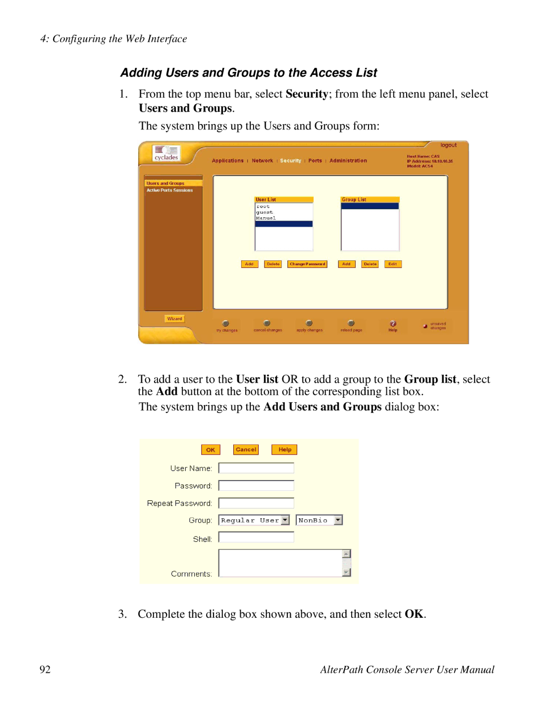 Cyclades ACS48, 2.3.0 user manual Adding Users and Groups to the Access List 