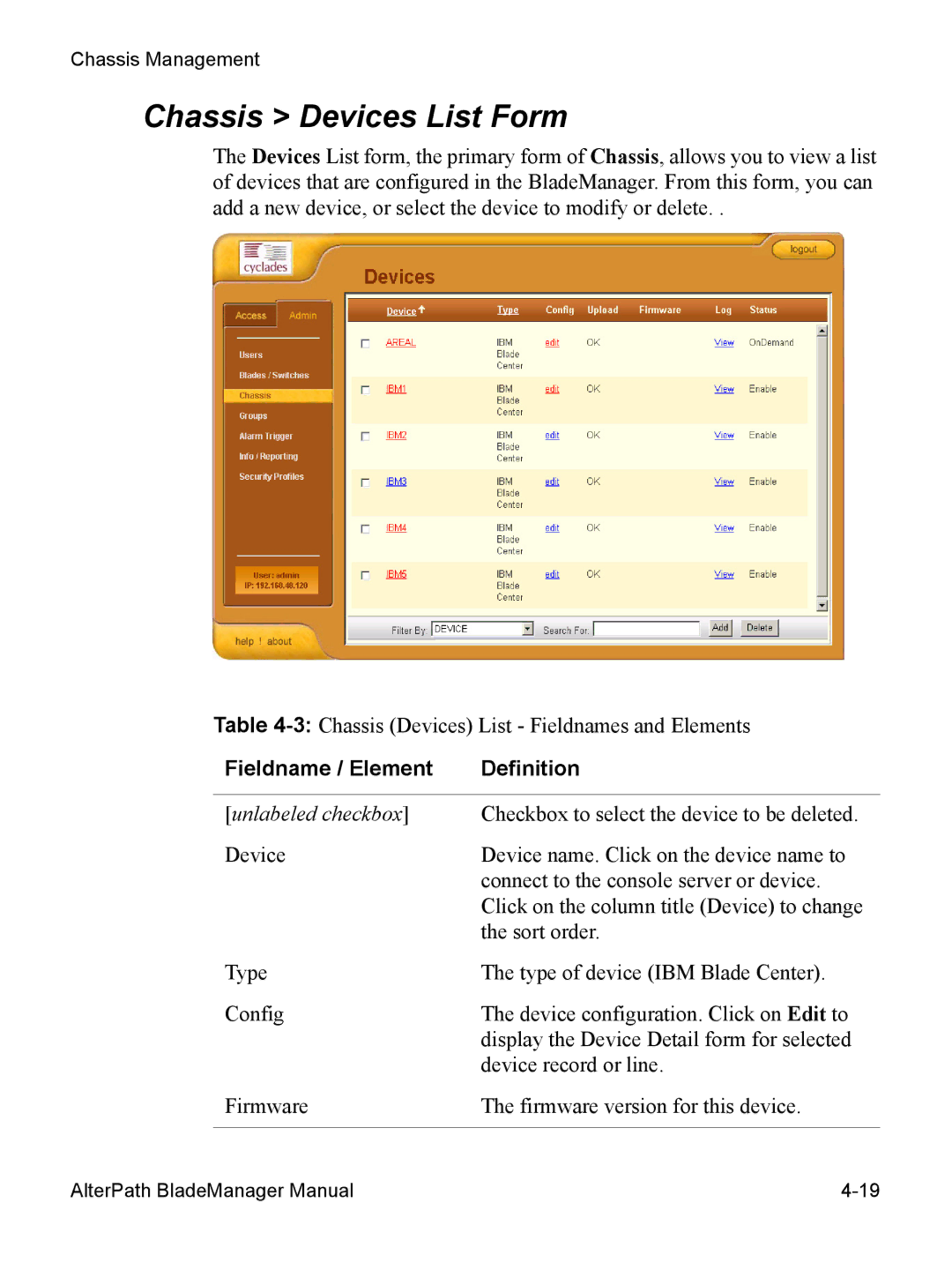 Cyclades AlterPath BladeManager user manual Chassis Devices List Form, Fieldname / Element Definition 