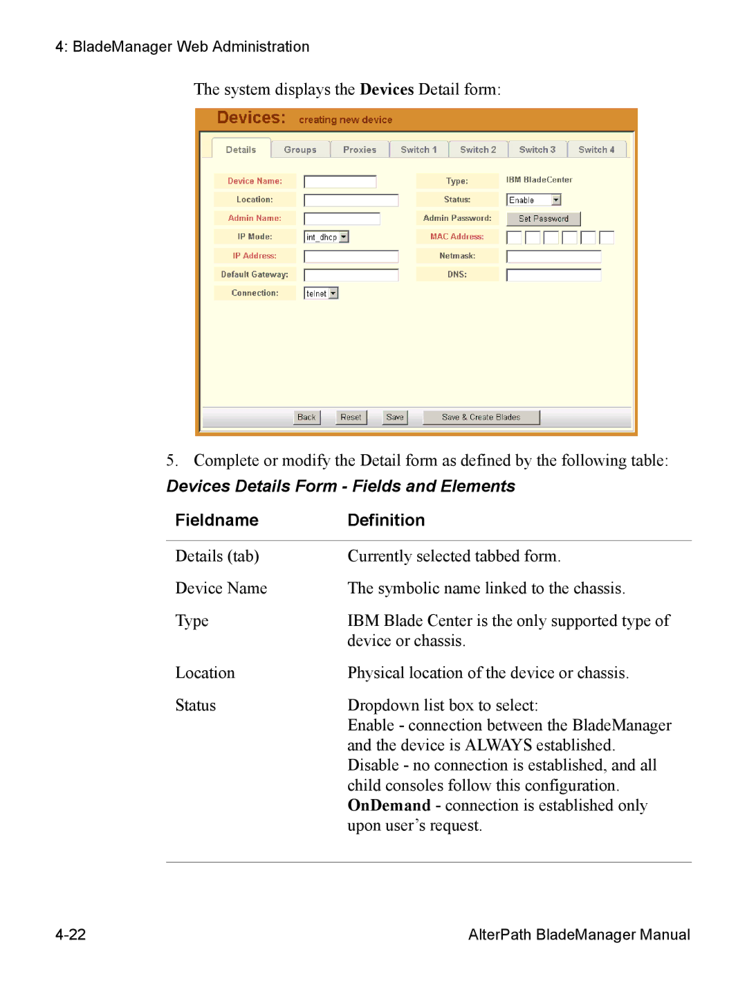 Cyclades AlterPath BladeManager user manual Devices Details Form Fields and Elements 