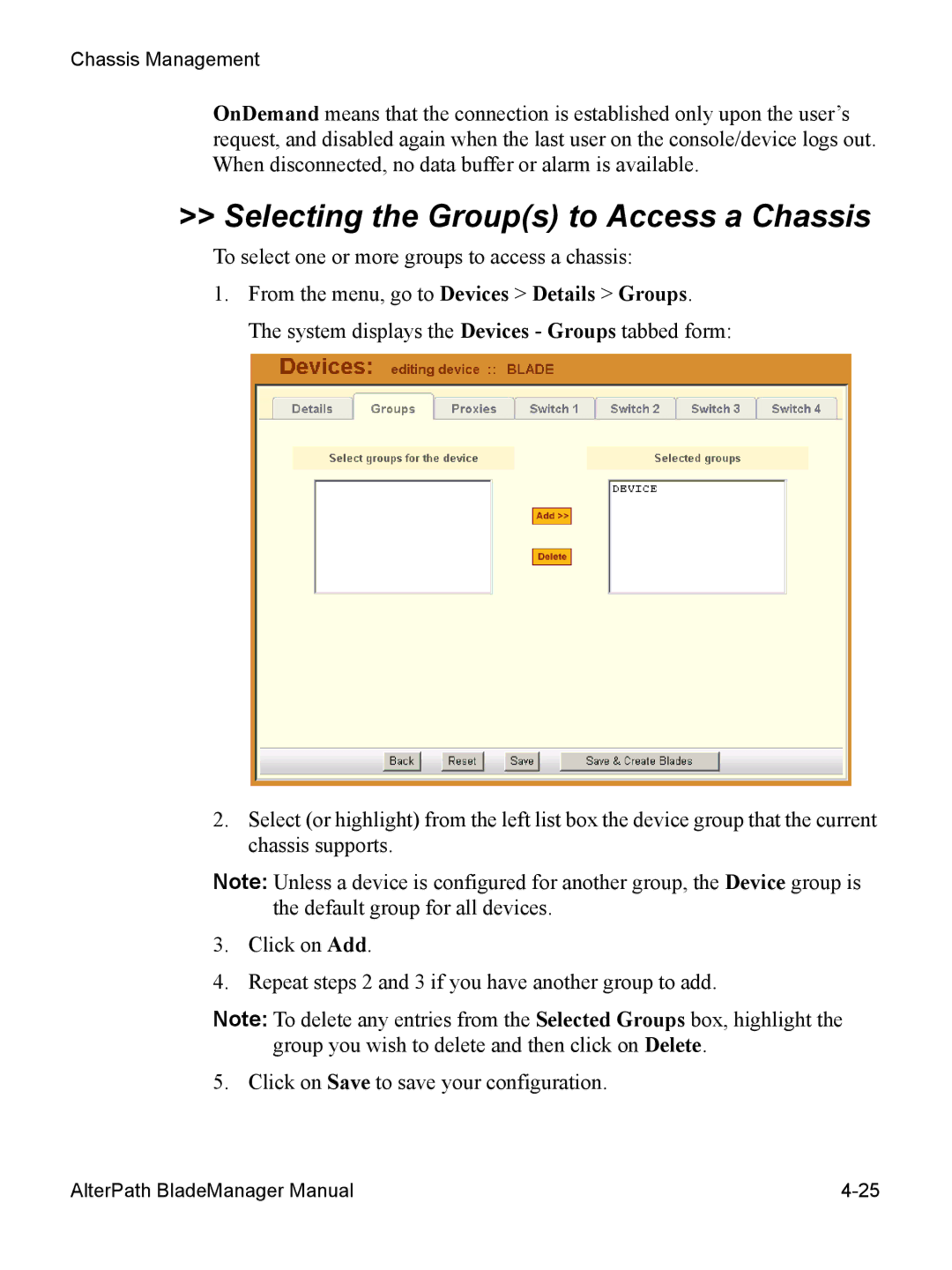 Cyclades AlterPath BladeManager Selecting the Groups to Access a Chassis, To select one or more groups to access a chassis 