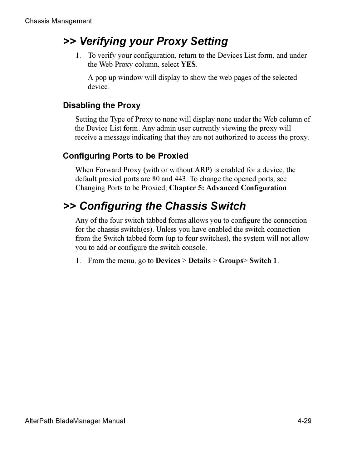 Cyclades AlterPath BladeManager Verifying your Proxy Setting, Configuring the Chassis Switch, Disabling the Proxy 