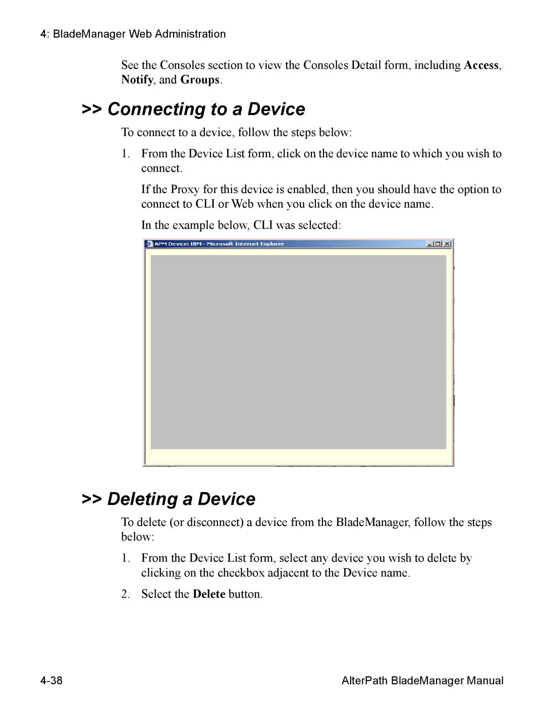 Cyclades AlterPath BladeManager user manual Connecting to a Device, Deleting a Device 