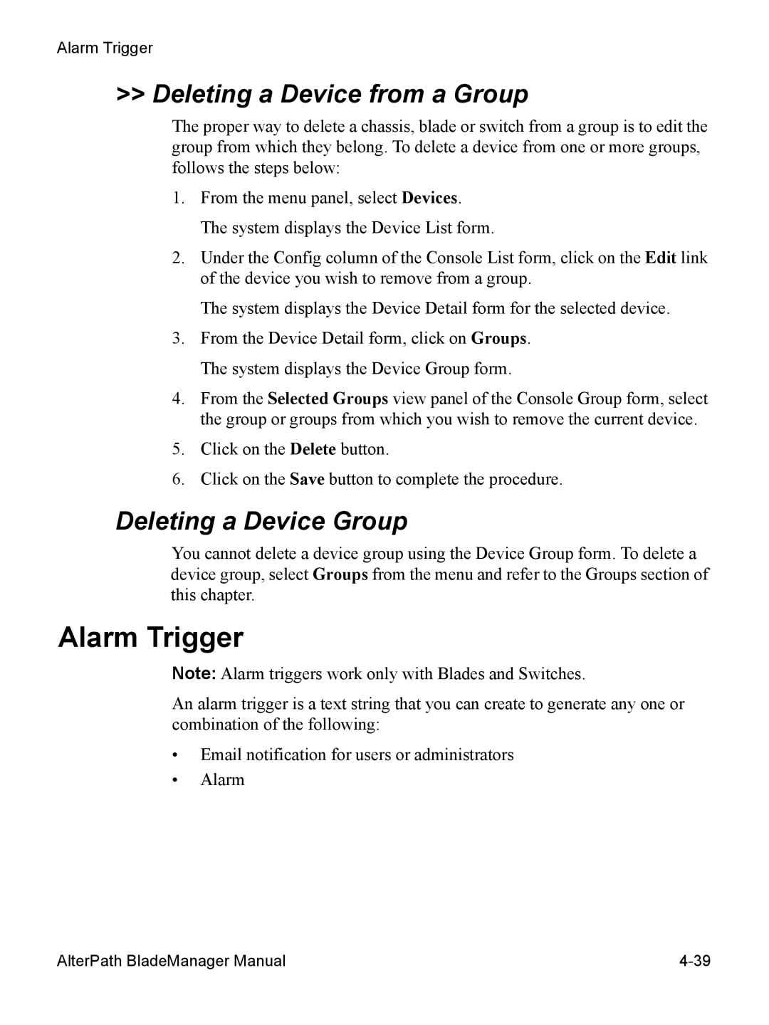 Cyclades AlterPath BladeManager user manual Alarm Trigger, Deleting a Device from a Group, Deleting a Device Group 