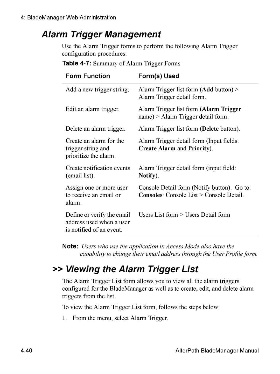 Cyclades AlterPath BladeManager Alarm Trigger Management, Viewing the Alarm Trigger List, Form Function Forms Used, Notify 