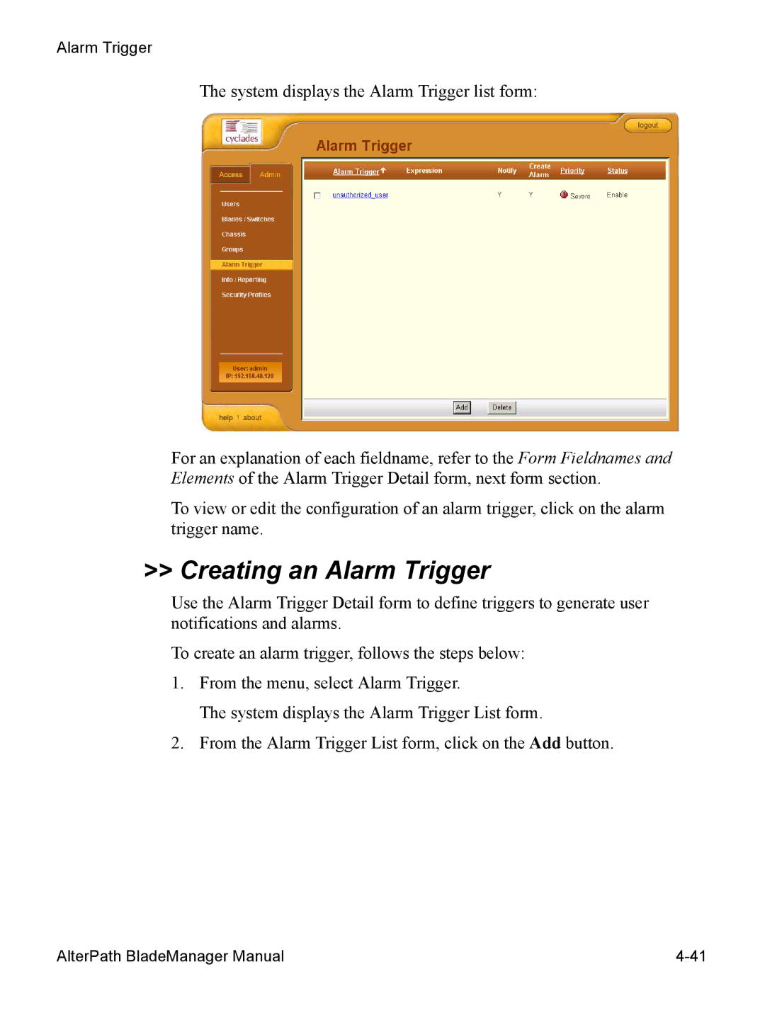 Cyclades AlterPath BladeManager user manual Creating an Alarm Trigger 