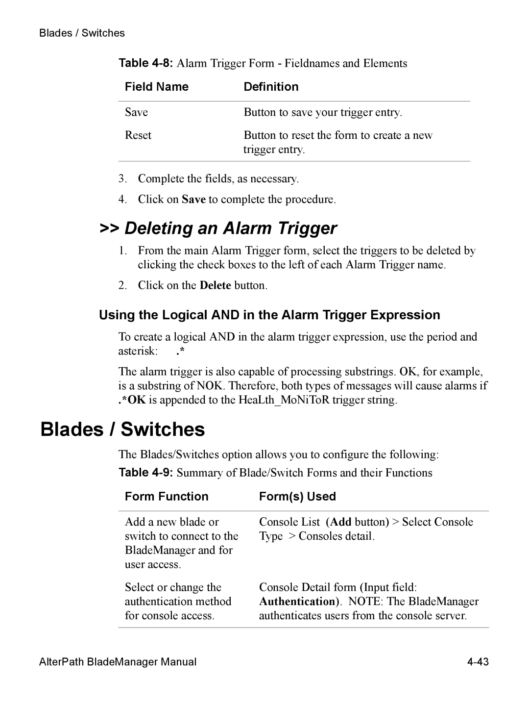 Cyclades AlterPath BladeManager user manual Blades / Switches, Deleting an Alarm Trigger 