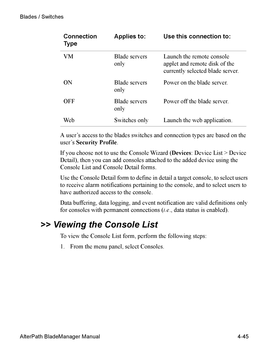 Cyclades AlterPath BladeManager user manual Viewing the Console List, Off 