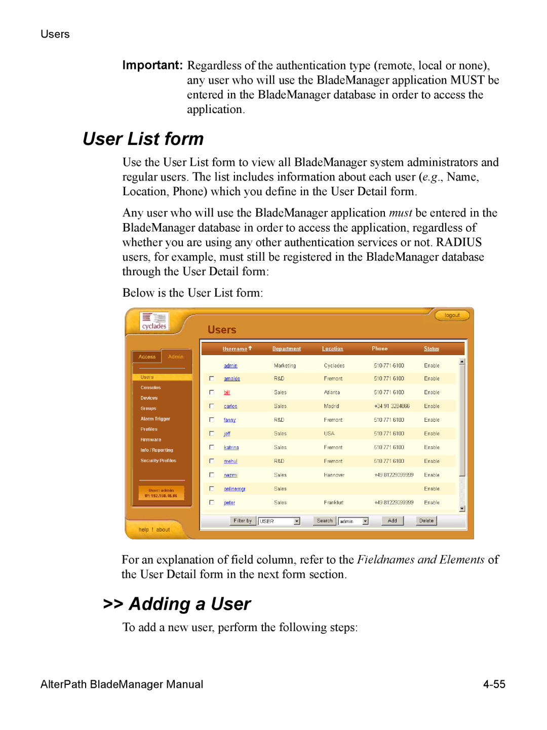 Cyclades AlterPath BladeManager user manual User List form, Adding a User 