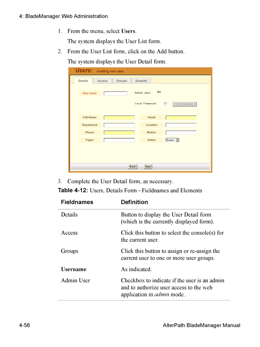 Cyclades AlterPath BladeManager user manual Fieldnames Definition, Username 