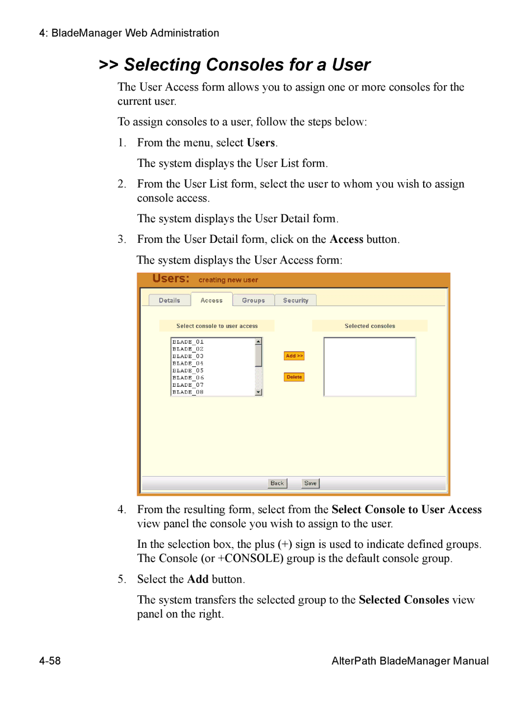 Cyclades AlterPath BladeManager user manual Selecting Consoles for a User 