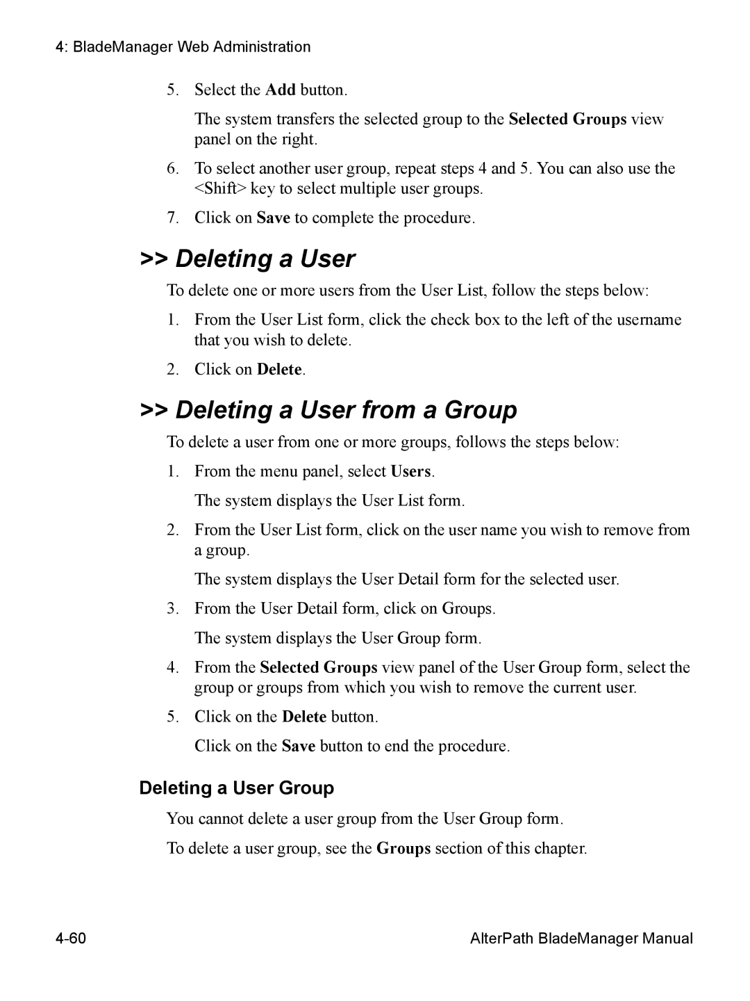 Cyclades AlterPath BladeManager user manual Deleting a User from a Group, Deleting a User Group 