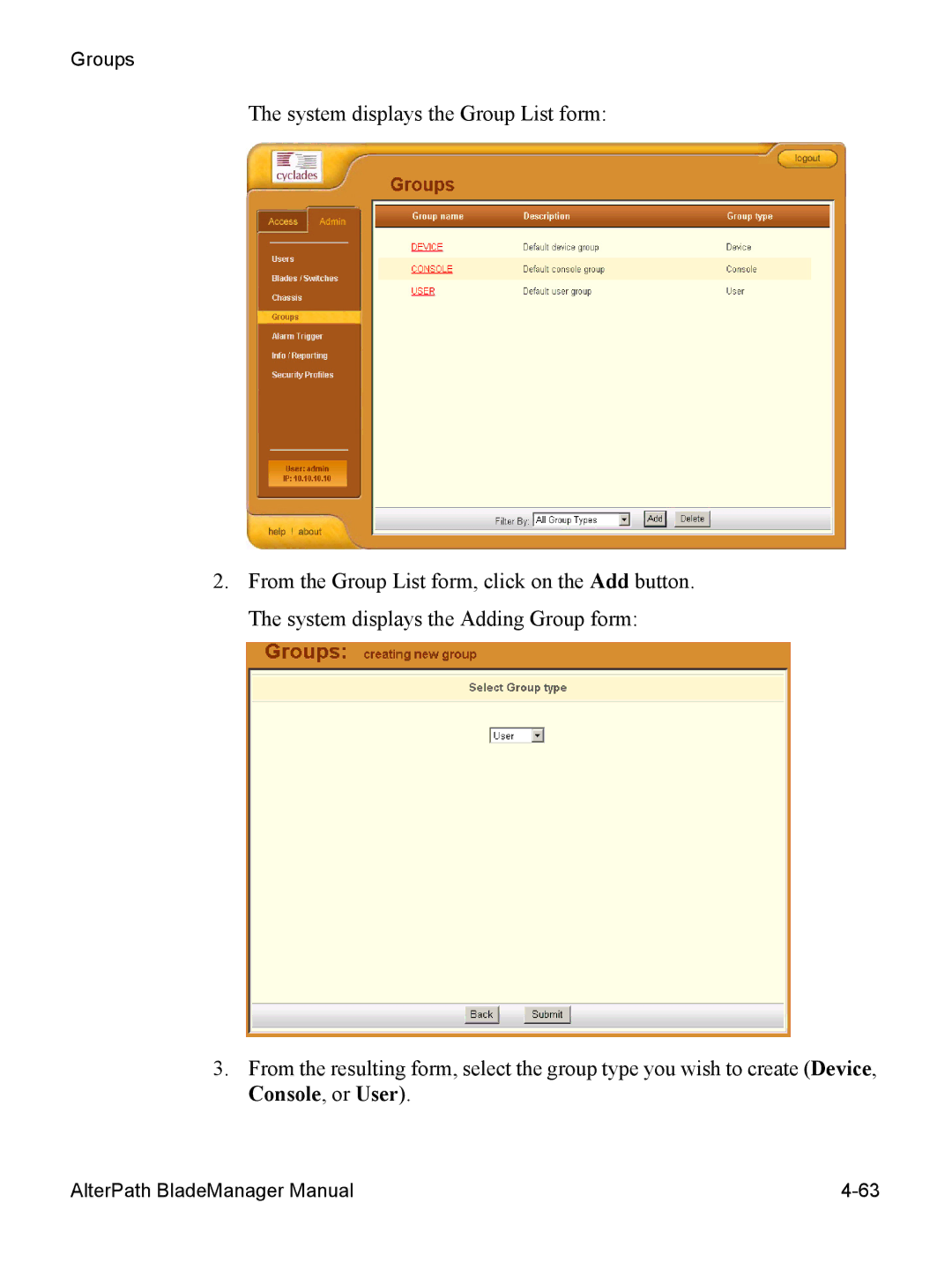 Cyclades AlterPath BladeManager user manual Groups 