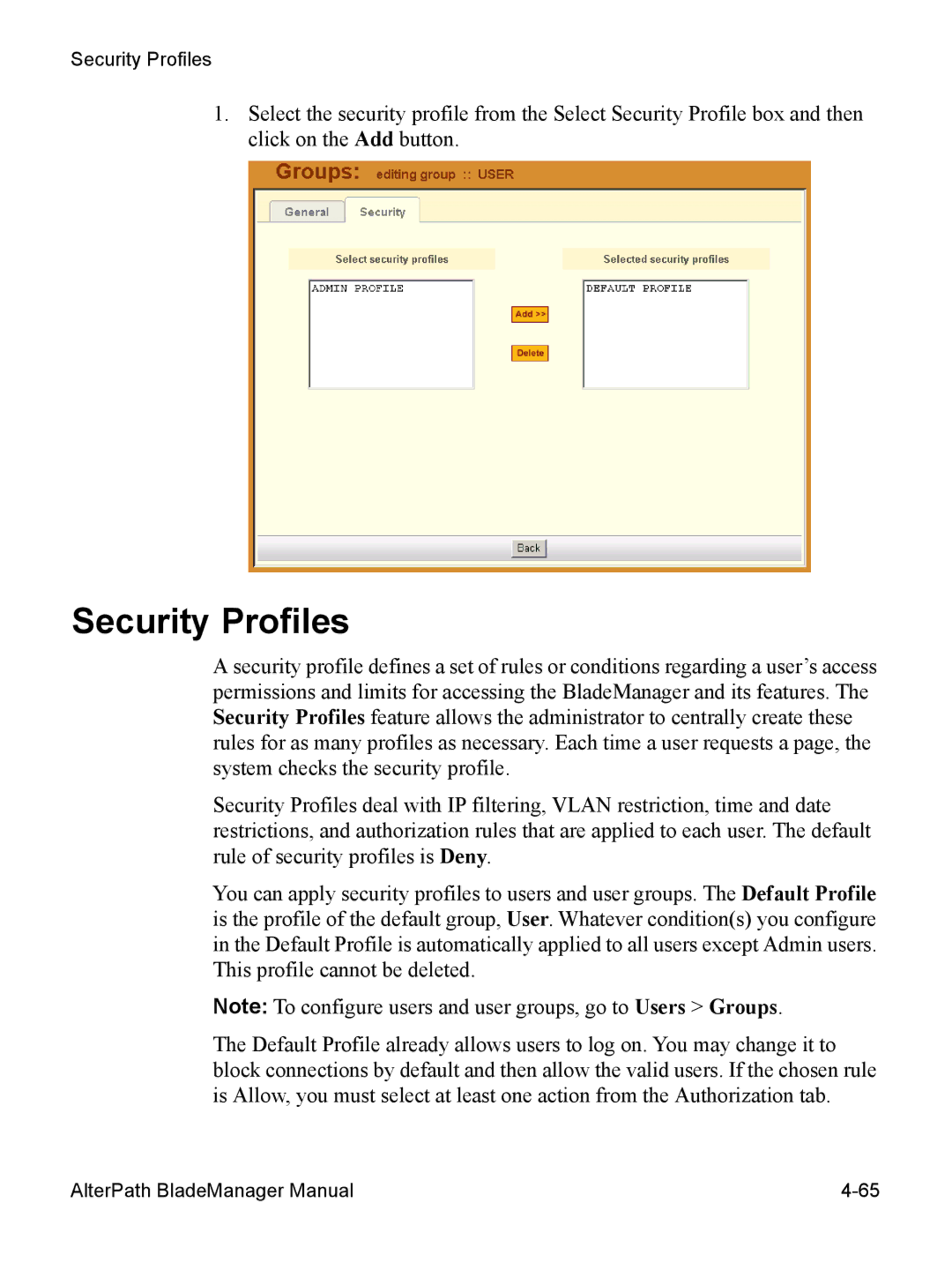 Cyclades AlterPath BladeManager user manual Security Profiles 