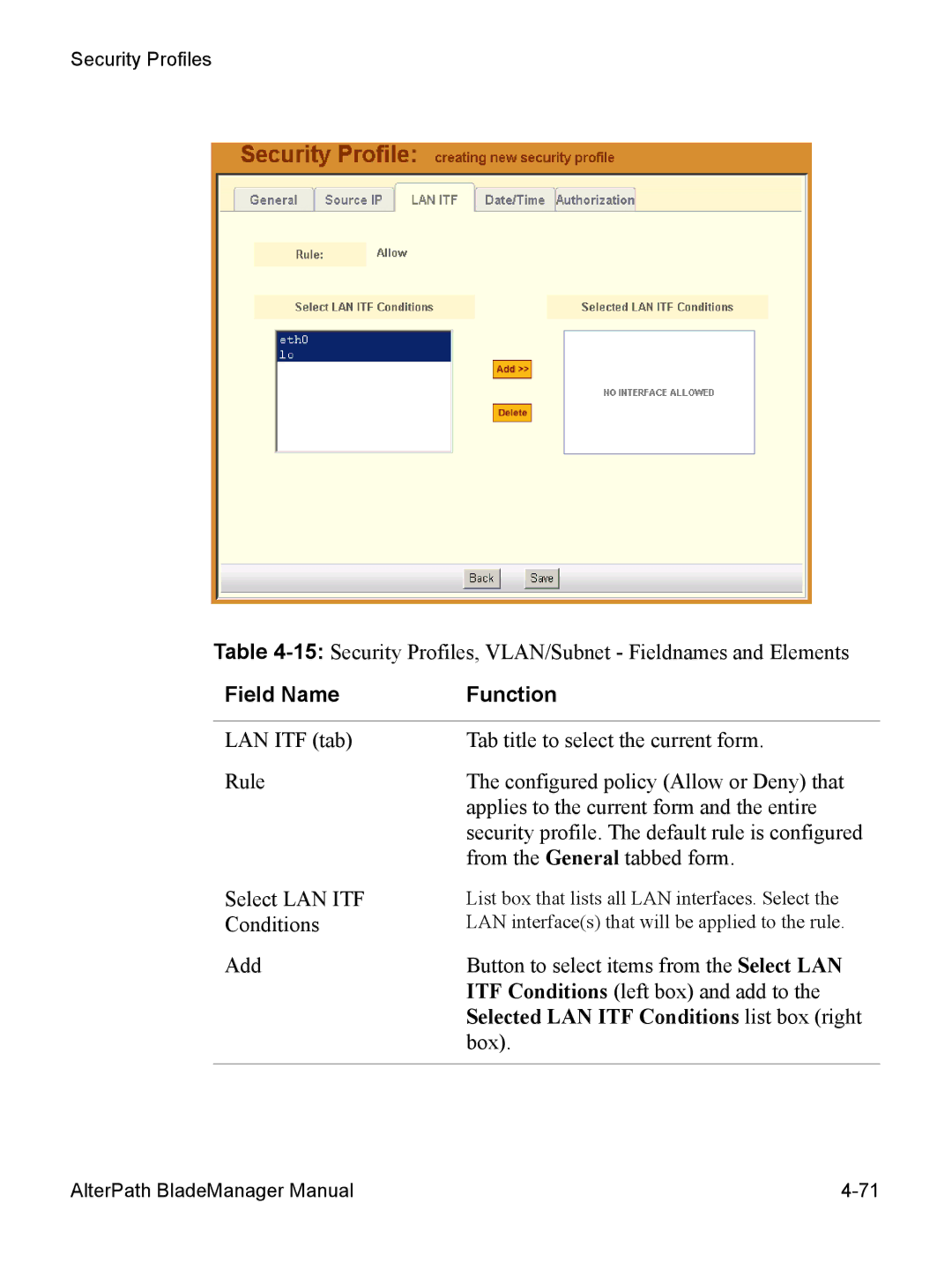 Cyclades AlterPath BladeManager user manual Selected LAN ITF Conditions list box right 