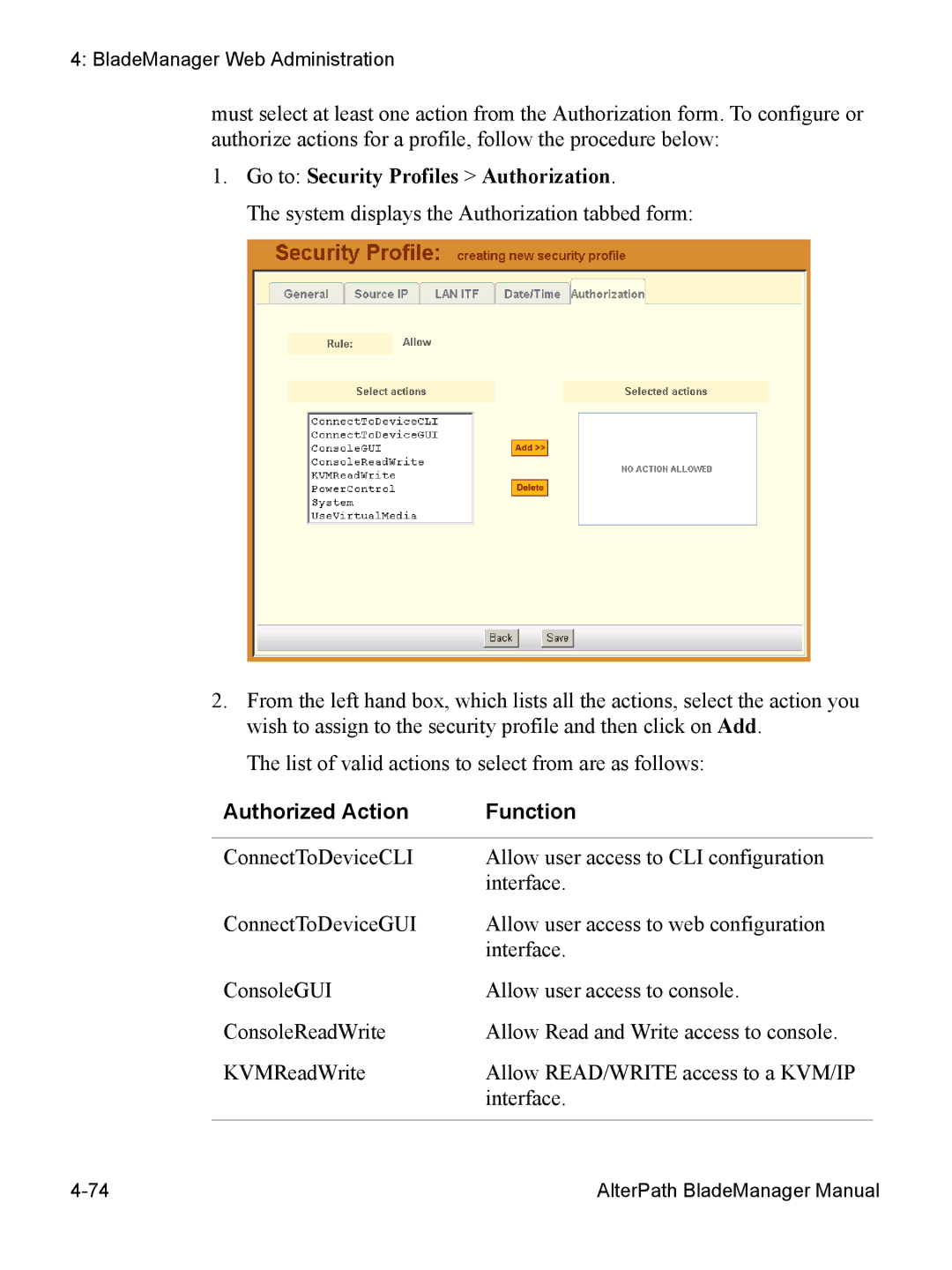 Cyclades AlterPath BladeManager user manual Go to Security Profiles Authorization, Authorized Action Function 