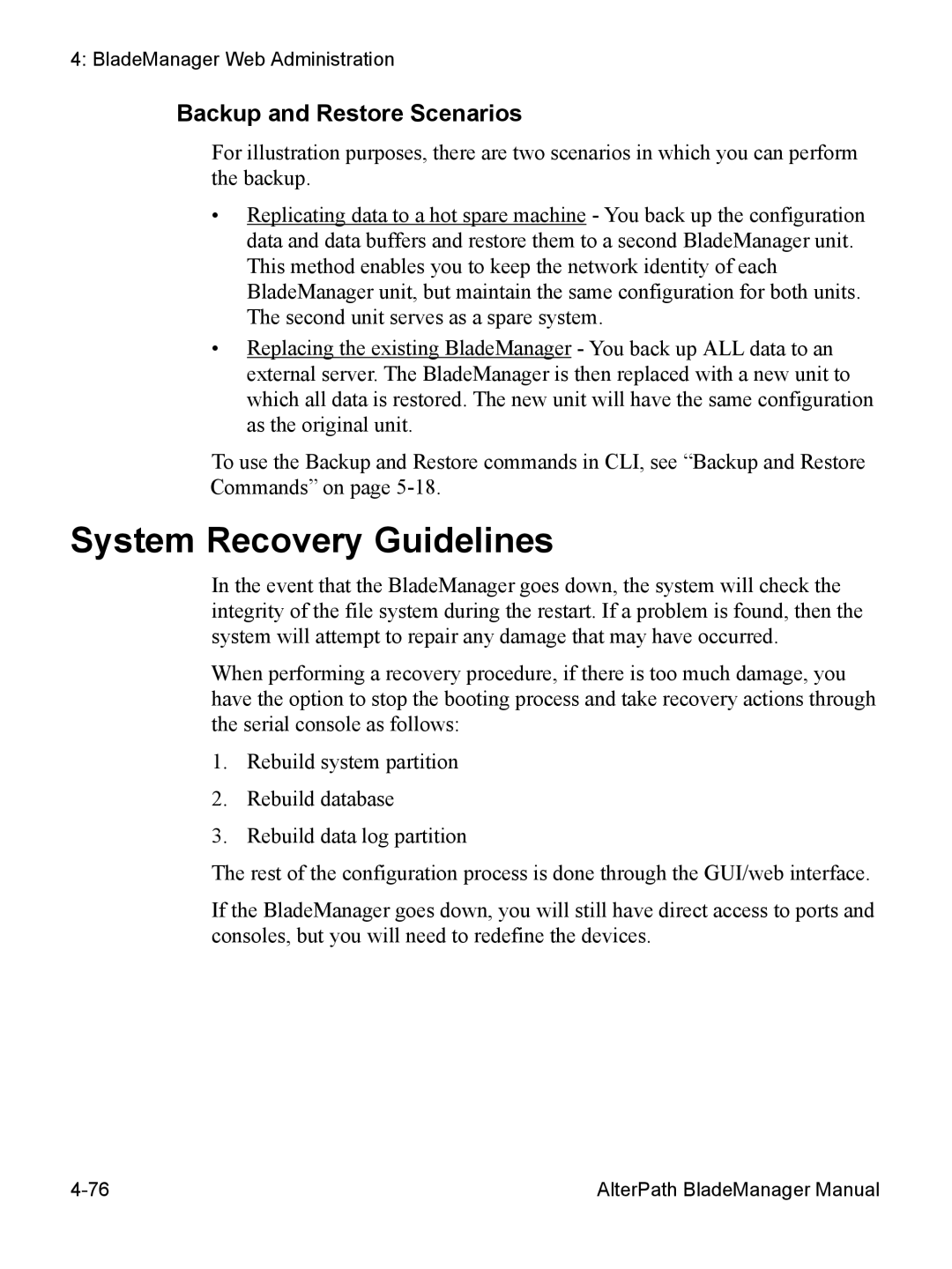 Cyclades AlterPath BladeManager user manual System Recovery Guidelines, Backup and Restore Scenarios 