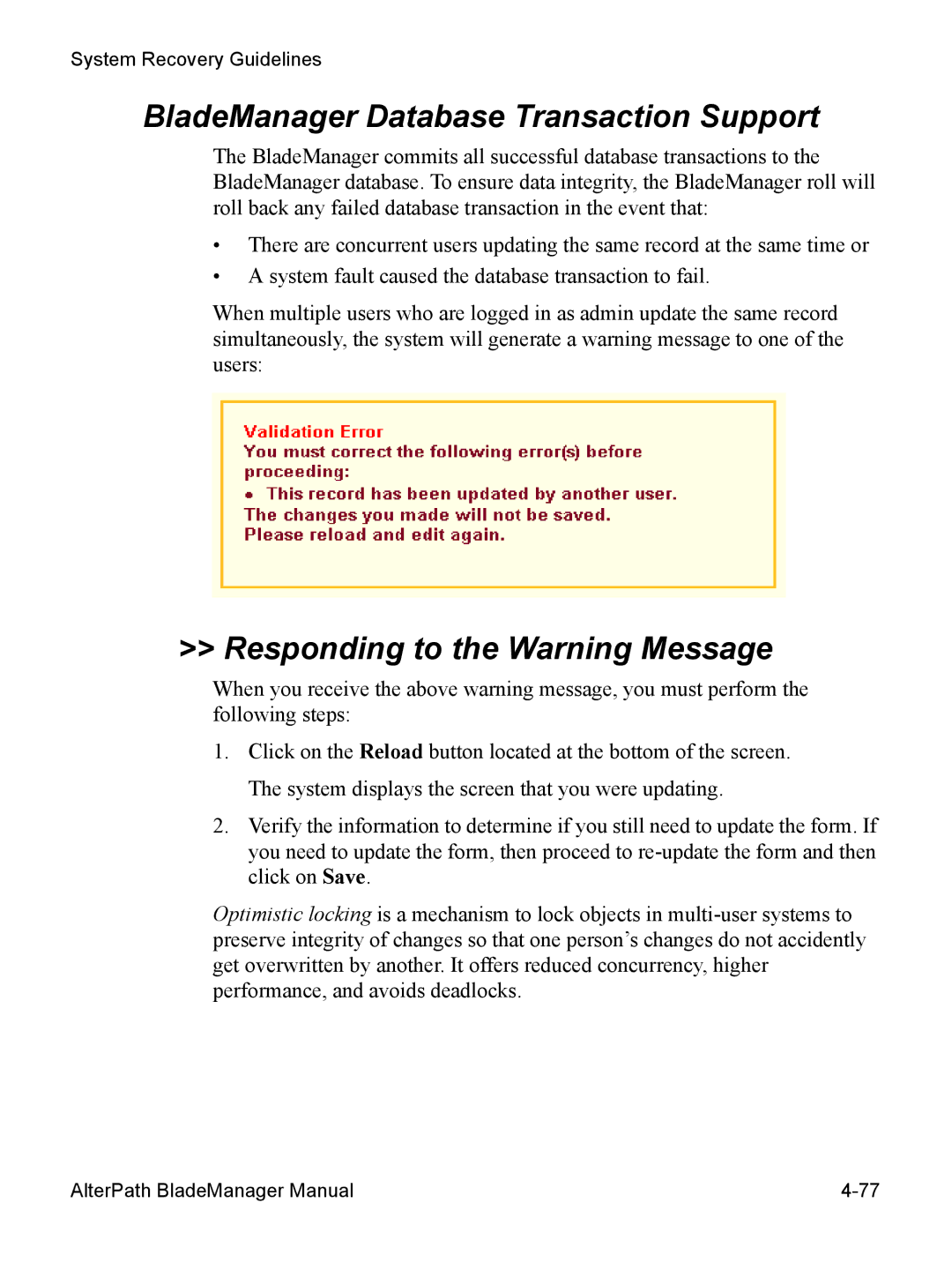 Cyclades AlterPath BladeManager user manual BladeManager Database Transaction Support, Responding to the Warning Message 