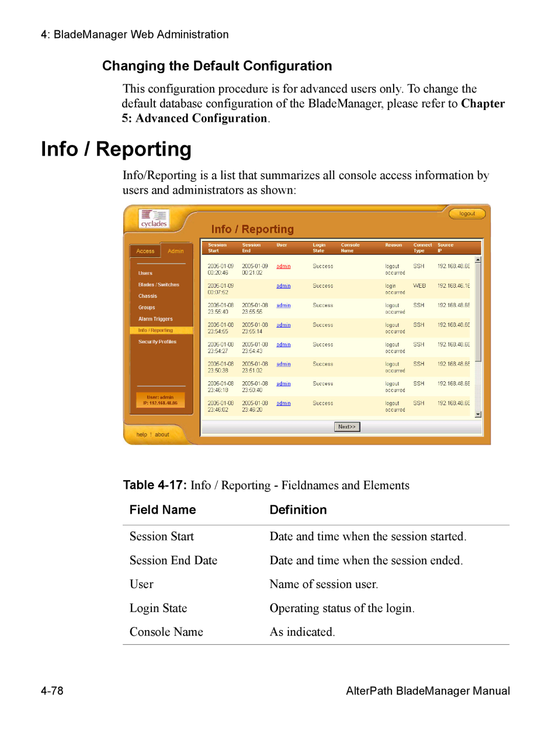 Cyclades AlterPath BladeManager user manual Info / Reporting, Changing the Default Configuration 