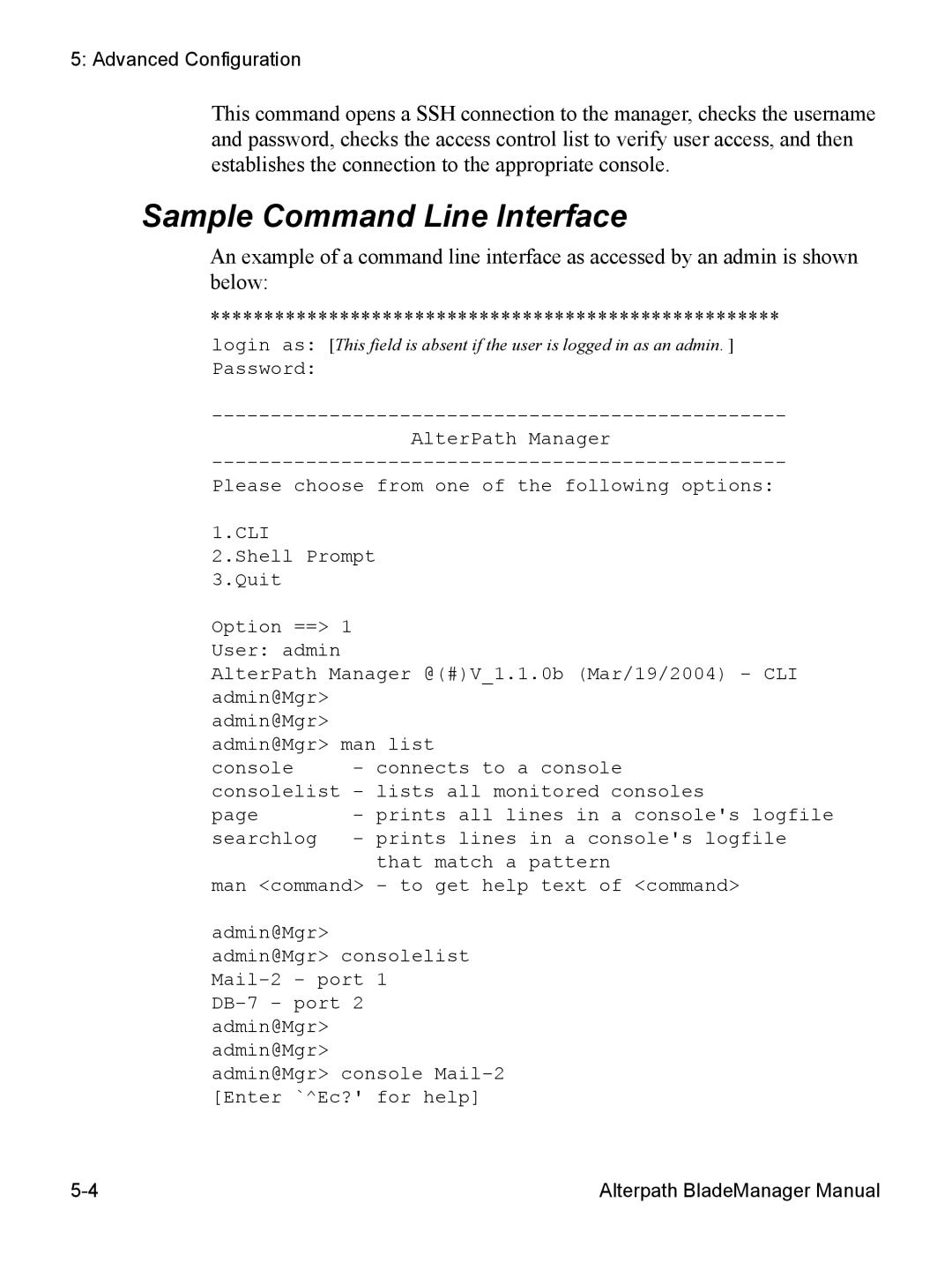 Cyclades AlterPath BladeManager user manual Sample Command Line Interface, Cli 