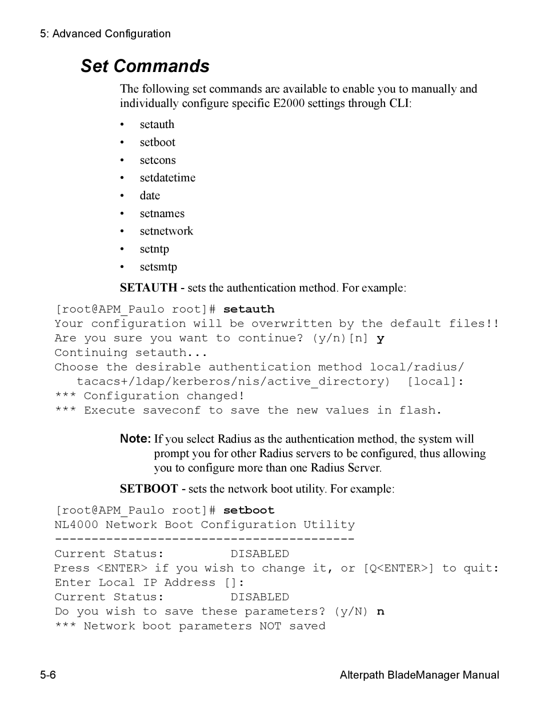 Cyclades AlterPath BladeManager user manual Set Commands, Setboot sets the network boot utility. For example 