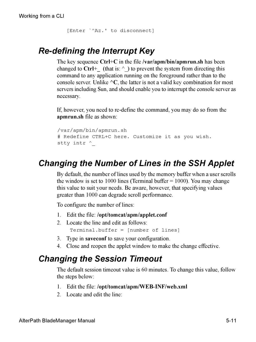 Cyclades AlterPath BladeManager user manual Re-defining the Interrupt Key, Changing the Number of Lines in the SSH Applet 