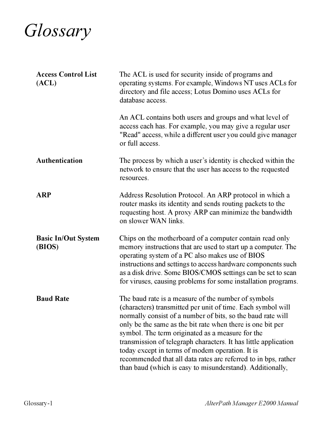 Cyclades AlterPath BladeManager user manual Access Control List, Acl, Authentication, Basic In/Out System, Bios, Baud Rate 